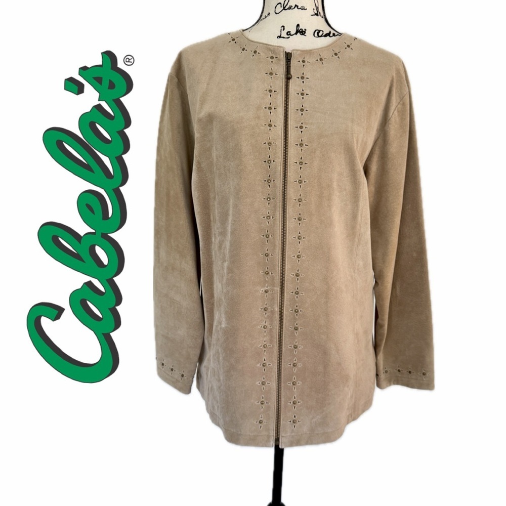 Cabela's Blazer Studded Full Zip Suede Leather Tan Sz L Boho western Core